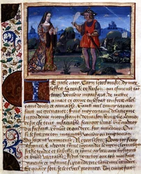 Femme et homme dans un paysage - enluminure, dans "Livre des pudens et impudens des âges passés" par Catherine d