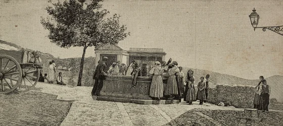Femmes et enfants à la fontaine de Piana dei Greci, Italie, gravure d