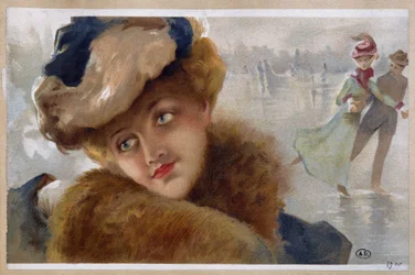 Femmes sur une patinoire - chromo