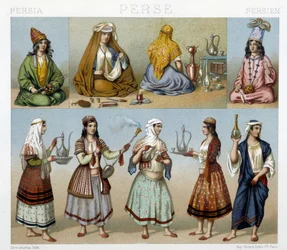 Femmes préparant du thé et costumes féminins en Perse - dans « Le costume historique » par Racinet
