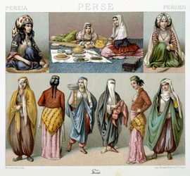 Repas de femmes et costumes féminins en Perse - dans « Le costume historique » par Racinet