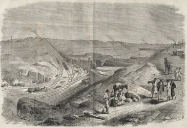Travaux sur le canal de Suez 1864 - Chantier et travaux de forage sur le canal de Suez en 1864 (Chaluf Tranchée)