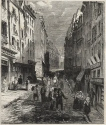 Travaux rue de la Montagne Sainte-Geneviève dans le 5e arrondissement de Paris en 1858.