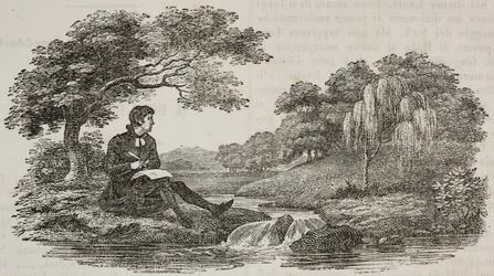 Écrivain sous un arbre devant un ruisseau, illustration de Teatro universale, Raccolta enciclopedica e scenografica, No 575, 19 juillet