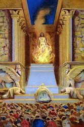 Zarathoustra (Zarathoustra, Zarathushtra, Zarathustra ou Zoroastre) mourant dans le temple entouré de flammes. Chromolithographie du 19ème siècle.