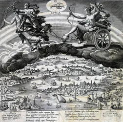 Signe du zodiaque Cancer. Lune, représentation du char de Sémélée. Gravure du 19e siècle.