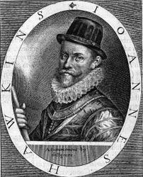 Portrait de Sir John Hawkins, amiral anglais (1532-1595), connu pour être le premier à commercer des esclaves noirs, gravure de 1620
