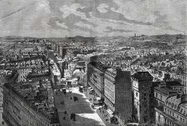 Les grands travaux de Haussmann - Transformations de Paris sous le Second Empire, Paris Haussmannien (Boulevard, travaux haussmanniens) - Le percement de la rue Étienne Marcel- de la rue Turbigo à la Place des Victoires - gravure dans « Le journal illustré