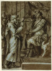 Magicien faisant une prédiction à un empereur (recto) ; Nu masculin portant une charge (verso)