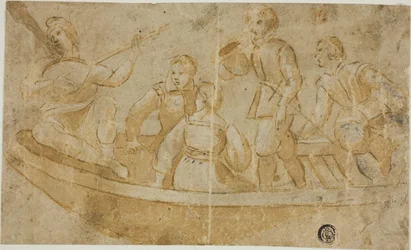 Trois hommes, une femme et un joueur de luth dans un bateau
