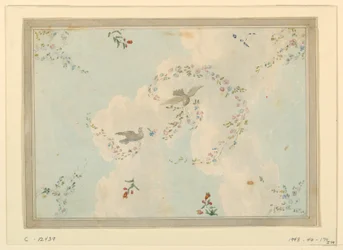 Dessin, motif de plafond avec colombes et guirlandes de fleurs, peut-être pour le hall d