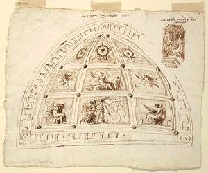 Dessin, décoration de la voûte du plafond, chambre à coucher, salle Cornelia du Palazzo Cavina, Faenza, 1816