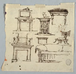 Dessin, pièces de cheminée, meubles et médaillon de plafond, 1790-1810