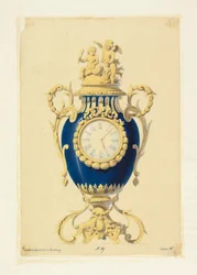 Dessin, horloge placée dans une porcelaine, vers 1855