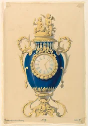 Dessin, horloge placée dans une porcelaine, vers 1855