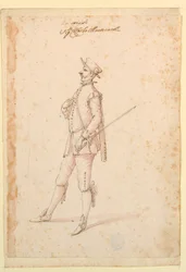 Dessin, création de costumes : Un capitaine pour un ballet, vers 1720
