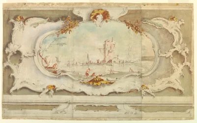 Dessin, cartouche décoratif avec un paysage, vers 1770