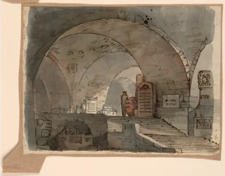 Dessin, scénographie, espace souterrain voûté avec des tombes, début du 19e siècle