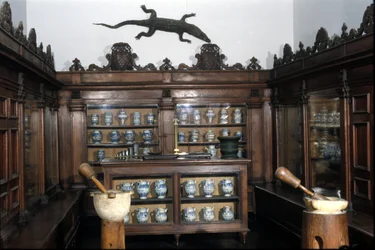 Pharmacie du 17ème siècle, vases, pots, mortiers... Musée des Sciences et de la Technologie, Milan