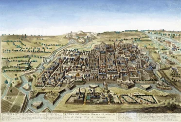 Gravure du 18e siècle représentant la ville de Turin.