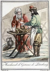 Assiette du 19ème siècle représentant un homme russe, marchand de gâteaux à Saint-Pétersbourg