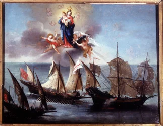 Un bateau de Gênes attaqué par une galiote et une demi-galère barbare. Ex-voto 1796. Museo navale di Genova-Pegli