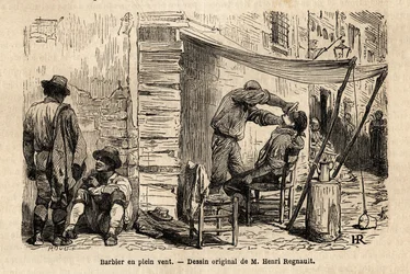 Un barbier dans le vent dans les rues de Rome. Gravure pour illustrer le voyage à Rome, par Francis Wey, 1864-1868, publié dans « Le tour du monde, nouveau journal des voyages », sous la direction d