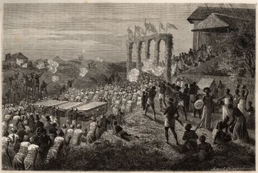 Un cortège nuptial à Tete (Mozambique). Gravure pour illustrer les premiers voyages du Dr. Livingstone en Afrique australe de 1840 à 1856, dans « Le tour du monde, nouveau journal des voyages » publié sous la direction d