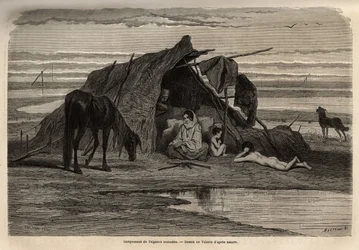Un camp de gitans nomades dans les plaines du nord de la Bosnie. Gravure pour illustrer les souvenirs de voyage parmi les Slaves du sud, par Georges Perrot, en 1868, publié dans « Le tour du monde » 1870-1871, édité par Édouard Charton, édition Hachette, P