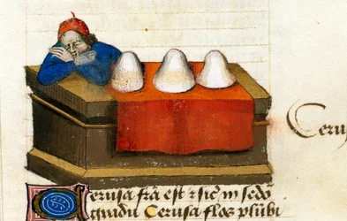 Un marchand de cerfs, utilisations pour les cosmétiques Description des plantes médicinales et comment les préparer. Page de manuscrit Traité sur les herbes (Tractatus de herbis) par Pedanius Dioscorides (Dioscorides) (40-90 ap. J.-C.) Lat.1152
