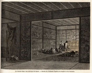 Un dortoir dans une auberge au Japon. Gravure pour illustrer le voyage au Japon en 1863-1864, par Aimé Humbert, ministre de la Confédération suisse, dans "Le tour du monde, nouveau journal des voyages", publié sous la direction d