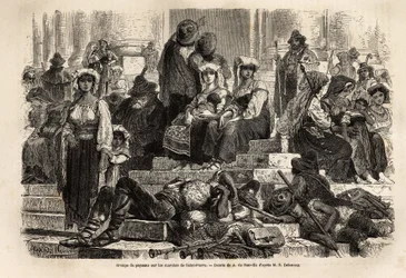 Un groupe de paysans et de bergers se rassemble pour la célébration de la Semaine Sainte sur les marches de Saint-Pierre au Vatican. Gravure pour illustrer l