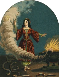 Un magicien (sorcière) préparant des sortilèges avec une baguette magique, un chaudron et des serpents. Gravure de 1852