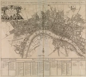 Plan de la ville de Londres, Westminster, borough de Southwark et la rivière Thames
