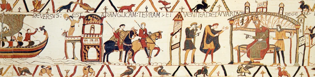 Une scène de la tapisserie de Bayeux représentant le roi Édouard parlant avec Harold