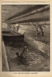 Un égoutier de Paris se noie en nettoyant une dérivation fangeuse. Gravure dans Le petit journal 15/9/1899. Collection Selva.