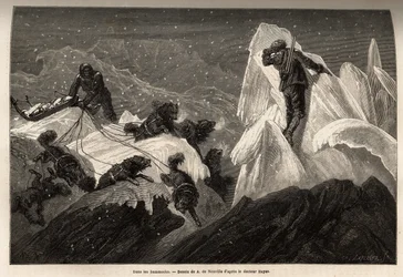 Un traîneau et son équipage perdus dans les hummocks, blocs de glace déchirés qui animent la surface de la banquise. Gravure pour illustrer le voyage vers la mer libre du pôle Arctique, par le Docteur Hayes, chirurgien de la Marine des États-Unis, 1860-186