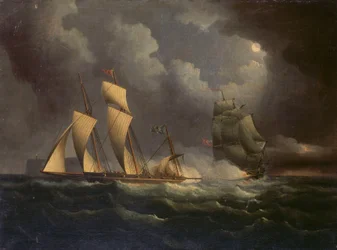 Un lougre de contrebande poursuivi par une brigantine navale, vers 1825