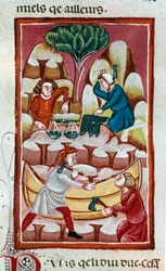 Un commerçant utilisant une balance, un forgeron frappant sur une enclume, deux ouvriers travaillant sur un bateau dans un chantier naval. Miniature tirée des "Faits des Romains" 13ème siècle Venise, bibliothèque Marciana