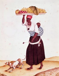 Une marchande de fruits itinérante au Brésil, portant son enfant dans le dos. Aquarelle du 18ème siècle. Rio de Janeiro, Bibliothèque nationale