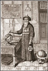 Adam Schall, astronome (1592-1666) en costume mandarin, avec globes terrestre et céleste et astrolabe - dans China par Athanase Kircher