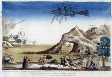 Poisson aérostatique élevé à Plazentia, Espagne, dirigé par Dom Joseph Patinho, volant vers la ville de Coria sur les rives de la rivière Arragon (12 lieues de Plazentia) le 10 mars