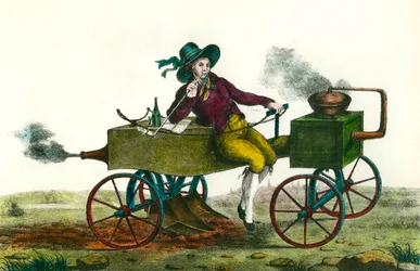 Agriculture : scène de labourage avec une machine à vapeur en 1834. Gravure anonyme de 1834. Collection privée