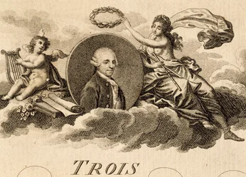 Allégorie de Franz Joseph Haydn (1732-1809) sur la page de titre de la partition pour Trois Quatuors, Opus 75, Livre I