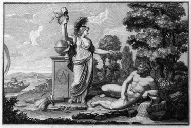 Allégorie de la République Cisalpine (Cisalpina) créée par Napoléon Bonaparte le 27/06/1797 sur le modèle français en Italie, devenue la République Italienne en 1802. Les symboles de la République Française sont représentés. Gravure Museo del risorgimento,
