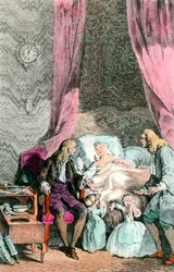 Un médecin observateur Une femme malade ou déjà morte est entourée par sa famille et le médecin. Les enfants sont en larmes. Gravure vers 1780. Paris, Académie de Médecine