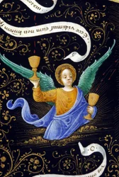 Ange tenant deux calices. Miniature de Belbello da Pavia