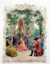 Cérémonie aristocratique dans un jardin (le château de Versailles ?)