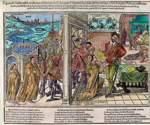 Assassinat du roi de France Henri III (1551-1589) par Jacques Clément (1567-1589), religieux dominicain partisan de la Ligue catholique, le 1er août