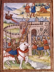 Assaut sur un château. Épisode de la guerre de Cent Ans. Manuscrit du XVIe siècle. Victoria and Albert Library, Londres.